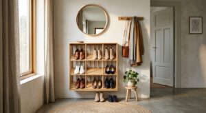 A stylish, minimalist interior shot of an organized entryway featuring a sleek, space-saving wooden