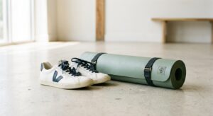 A minimalist, editorial-style photograph featuring a pair of stylish sneakers and a yoga mat on a br