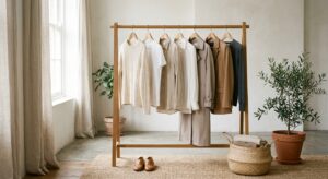 A minimalist, editorial-style photograph of a curated capsule wardrobe featuring high-quality neutra