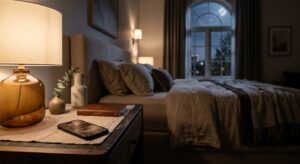 A serene, high-end editorial shot of a cozy bedroom at night with a soft-glowing smartphone resting