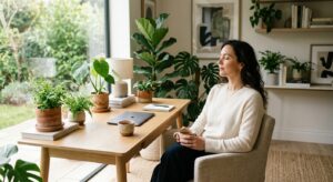 A professional, minimalist editorial shot of an elegant woman finding a moment of calm in a stylish,
