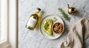 A high-end, editorial-style flat lay featuring an elegant arrangement of sliced avocado, raw walnuts