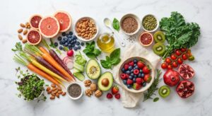 A professional, editorial-style flat lay featuring vibrant fresh fruits, vegetables, and nuts arrang