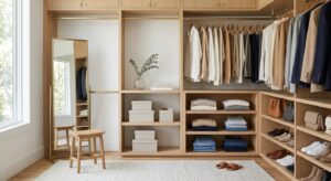 A minimalist, high-end editorial shot of a beautifully organized walk-in closet with soft natural li