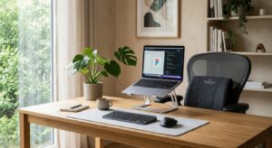 A professional, minimalist editorial photo of a modern ergonomic office setup, featuring a designer