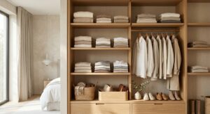 A minimalist, high-end editorial shot of a beautifully organized open wardrobe with neatly folded ne