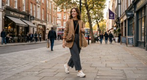 A high-end editorial lifestyle shot of a stylish woman walking down a city street wearing modern, ch