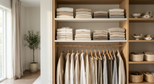A professional, editorial-style photograph of a pristinely organized minimalist wardrobe with neatly