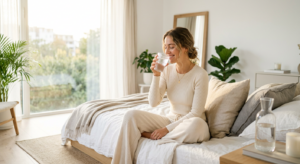 A bright, high-end editorial shot of a woman in minimalist loungewear enjoying a fresh glass of wate
