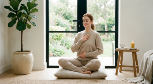 A minimalist, editorial-style photograph of a serene woman in stylish neutral loungewear practicing