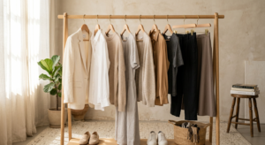 A high-end editorial shot of a curated, minimalist capsule wardrobe featuring neutral-toned sustaina