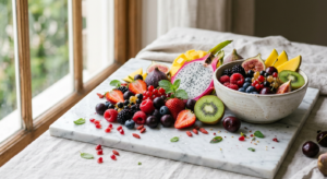 A high-end editorial shot of fresh, colorful antioxidant-rich berries and exotic fruits arranged art