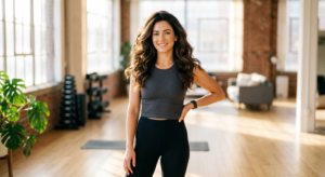 A professional, editorial-style photograph of a healthy, athletic woman with voluminous, shiny hair