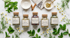 A high-end, editorial-style flat lay featuring various dried herbal tea blends in elegant glass jars