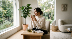 A sophisticated, high-end editorial shot of a woman in a minimalist, serene interior taking a mindfu