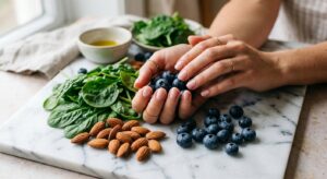 A professional, high-end editorial shot of fresh, vibrant superfoods like almonds, spinach, and blue