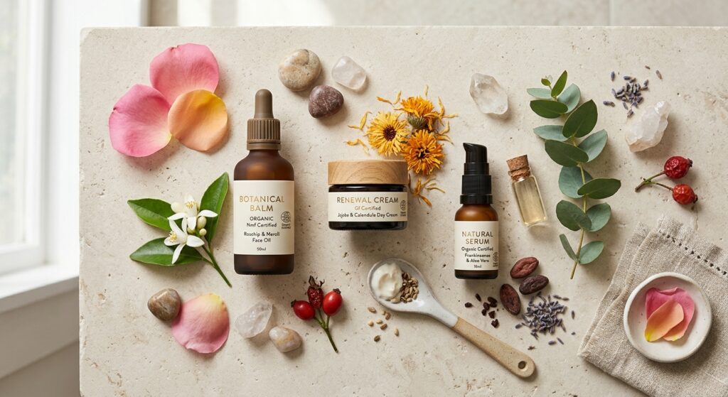 A high-end editorial flat-lay composition featuring organic, certified skincare products alongside n