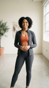 A professional, editorial-style portrait of a confident woman in stylish, modern activewear, standin