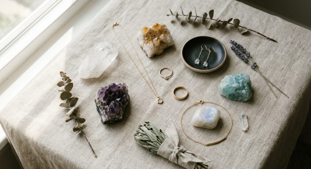 A professional, editorial-style flat lay featuring elegant raw crystals and minimalist gold jewelry