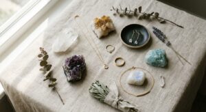 A professional, editorial-style flat lay featuring elegant raw crystals and minimalist gold jewelry
