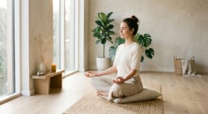 A serene, elegant woman practicing mindful meditation in a sunlit, minimalist aesthetic space, captu